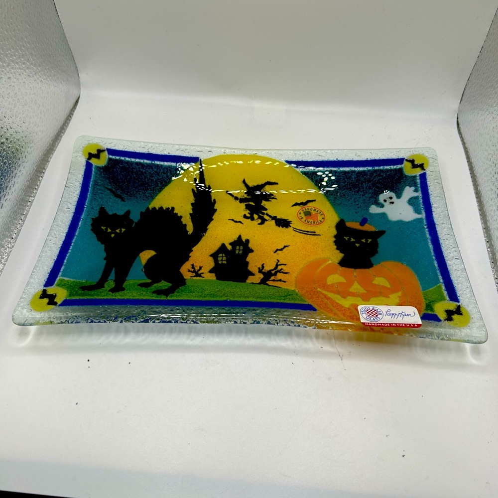 New Rare Vintage Beautiful Black Cat Halloween Design Glass Plate